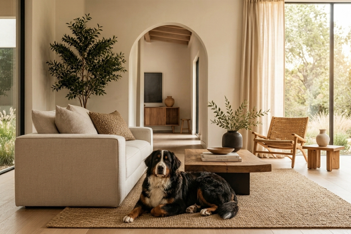 Cão Bernese Mountain Dog descansando em sala de estar elegante e minimalista Nido e Co