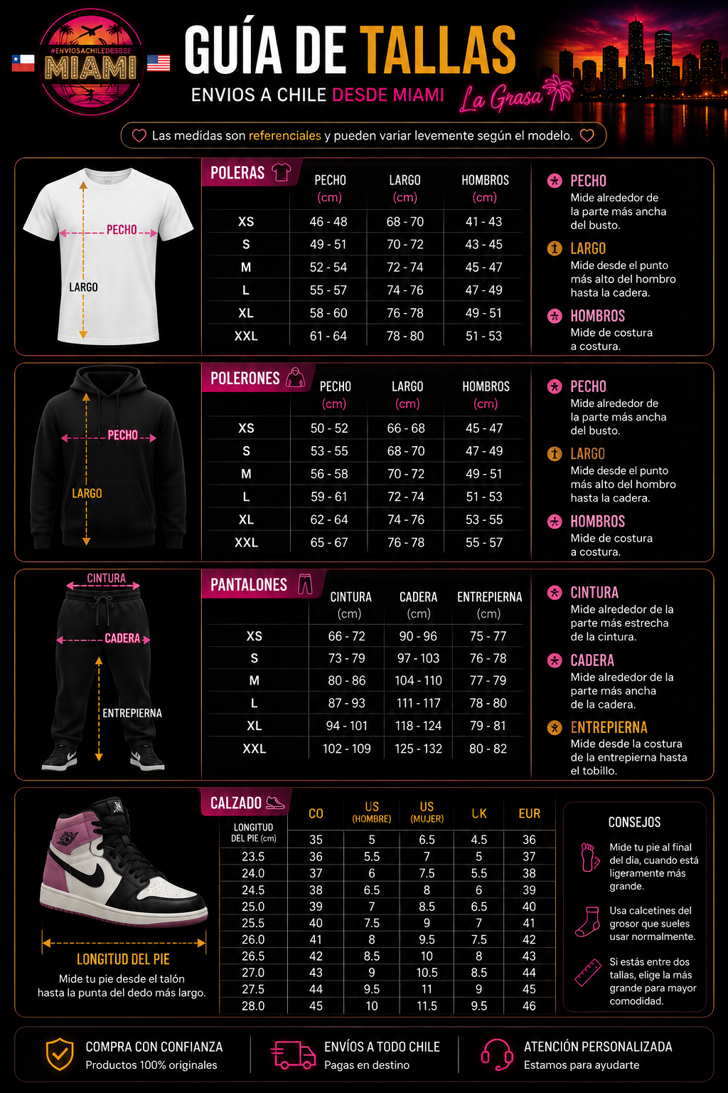 Guía de tallas para ropa y zapatillas importadas desde Estados Unidos. Medidas de poleras, polerones, pantalones y calzado con equivalencias US, EUR y Chile para elegir la talla correcta.