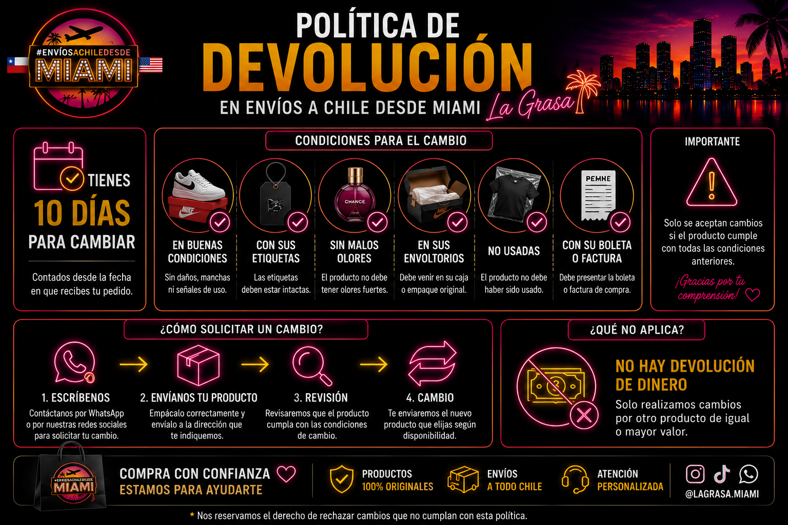 Política de cambios de Envíos a Chile desde Miami: 10 días para cambio, con boleta, etiquetas y empaque original.