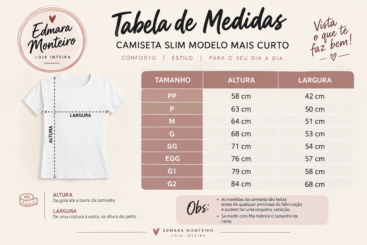 Tabela de medidas da camiseta