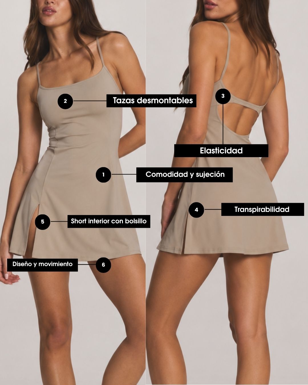 Vestido Luna con 6 detalles se&ntilde;alados: comodidad y sujeci&oacute;n, tazas desmontables, elasticidad, transpirabilidad, short interior con bolsillo y dise&ntilde;o y movimiento