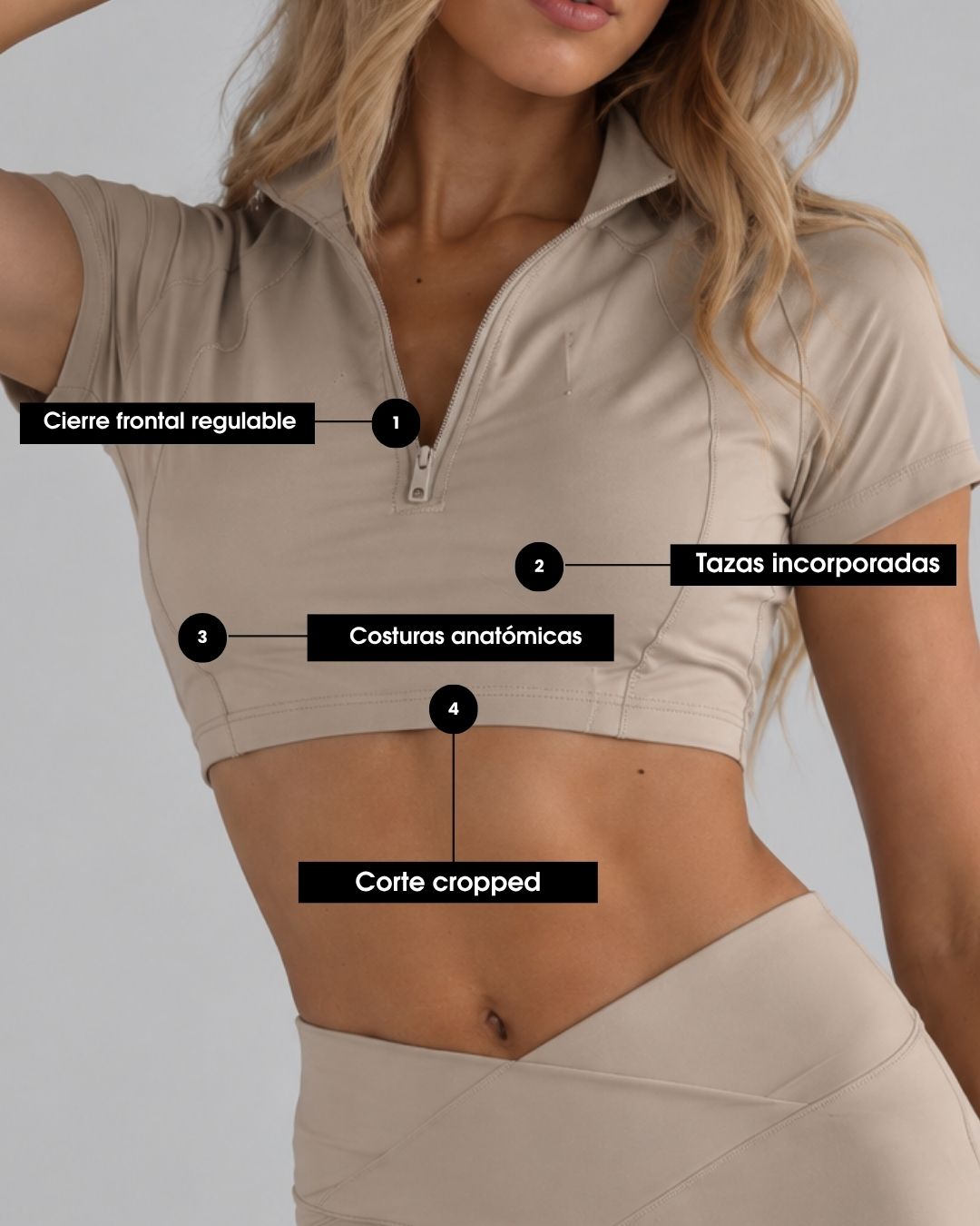 Top Zip con 4 detalles se&ntilde;alados: cierre frontal regulable, tazas incorporadas, costuras anat&oacute;micas y corte cropped