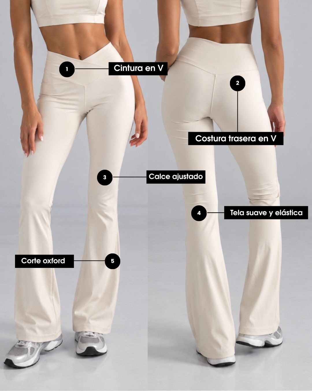 Pantal&oacute;n Elf de frente y de espalda con 5 detalles se&ntilde;alados: cintura en V, costura trasera en V, calce ajustado, tela suave y el&aacute;stica, corte Oxford