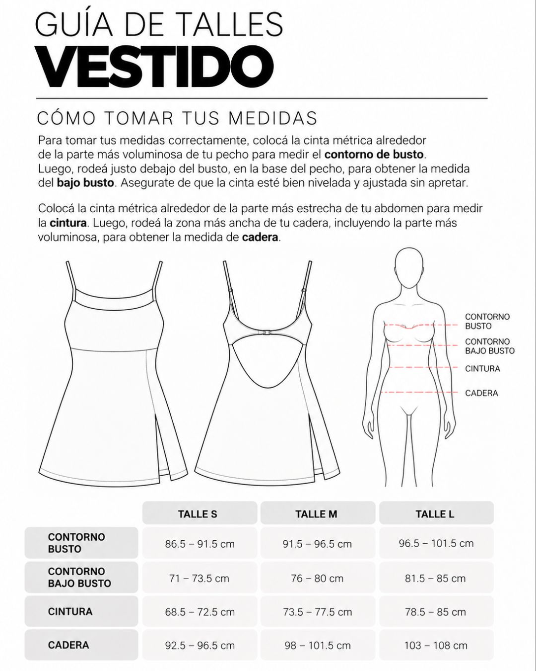 Guía de talles y cómo medirte del Vestido Luna