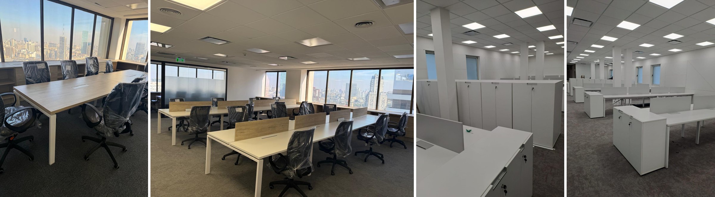 Oficinas equipadas por Scala3: sala de reunión, puestos operativos y muebles de guardado