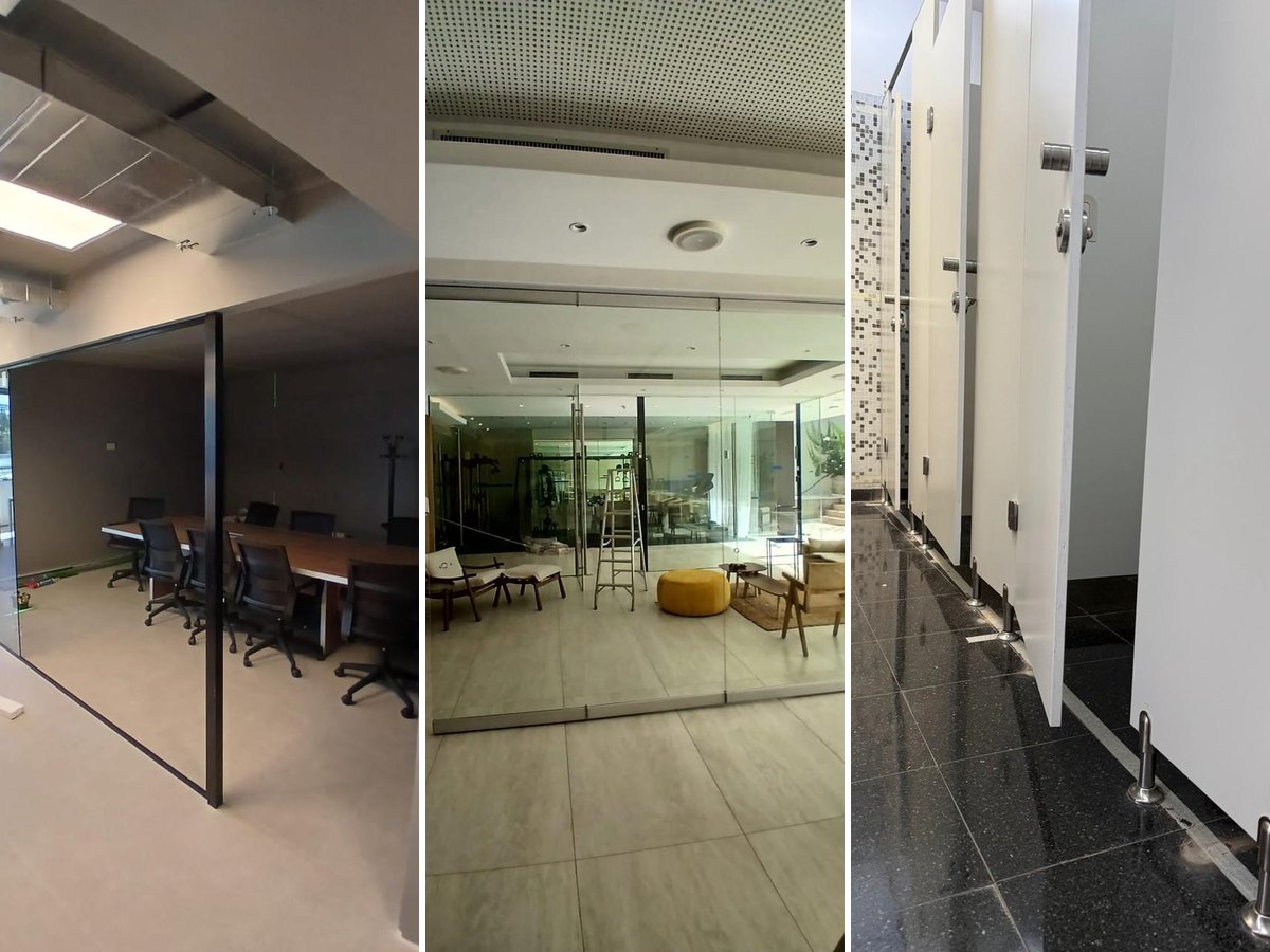 Tabiquería vidriada, salas de reunión y tabiques sanitarios en obras de Scala3