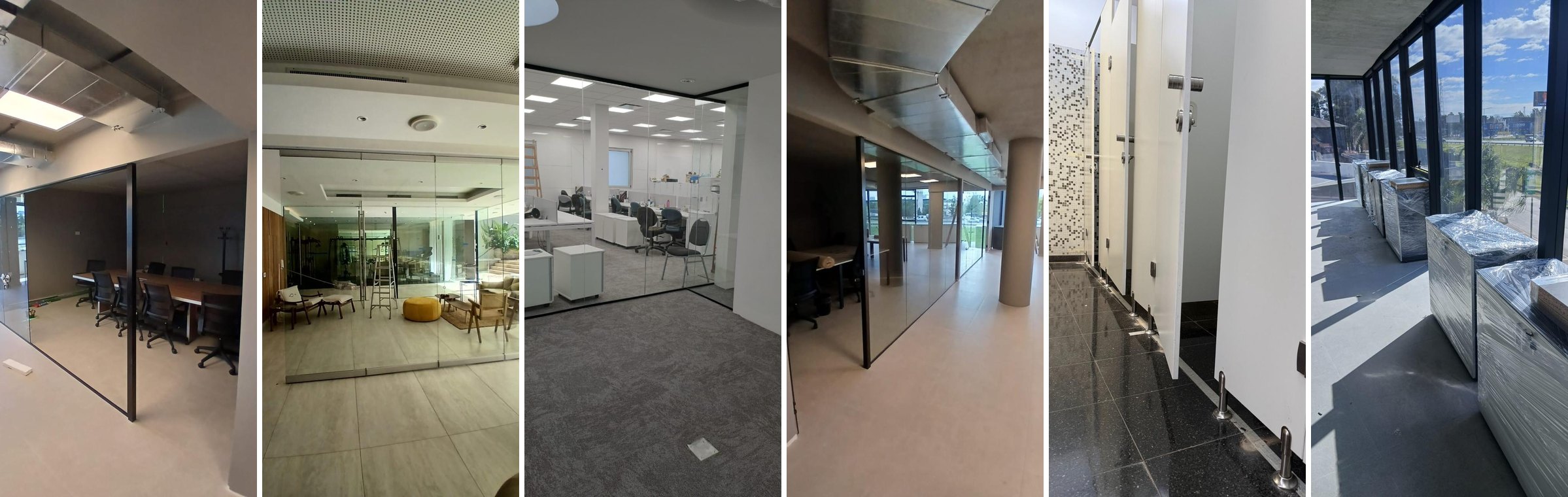 Tabiquería vidriada, salas de reunión y tabiques sanitarios en obras de Scala3
