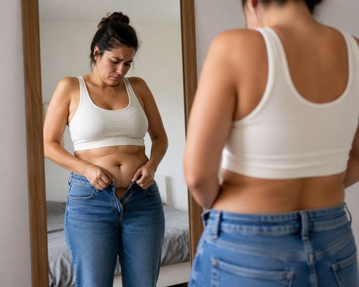 Antes: mirando el abdomen con incomodidad, sin faja