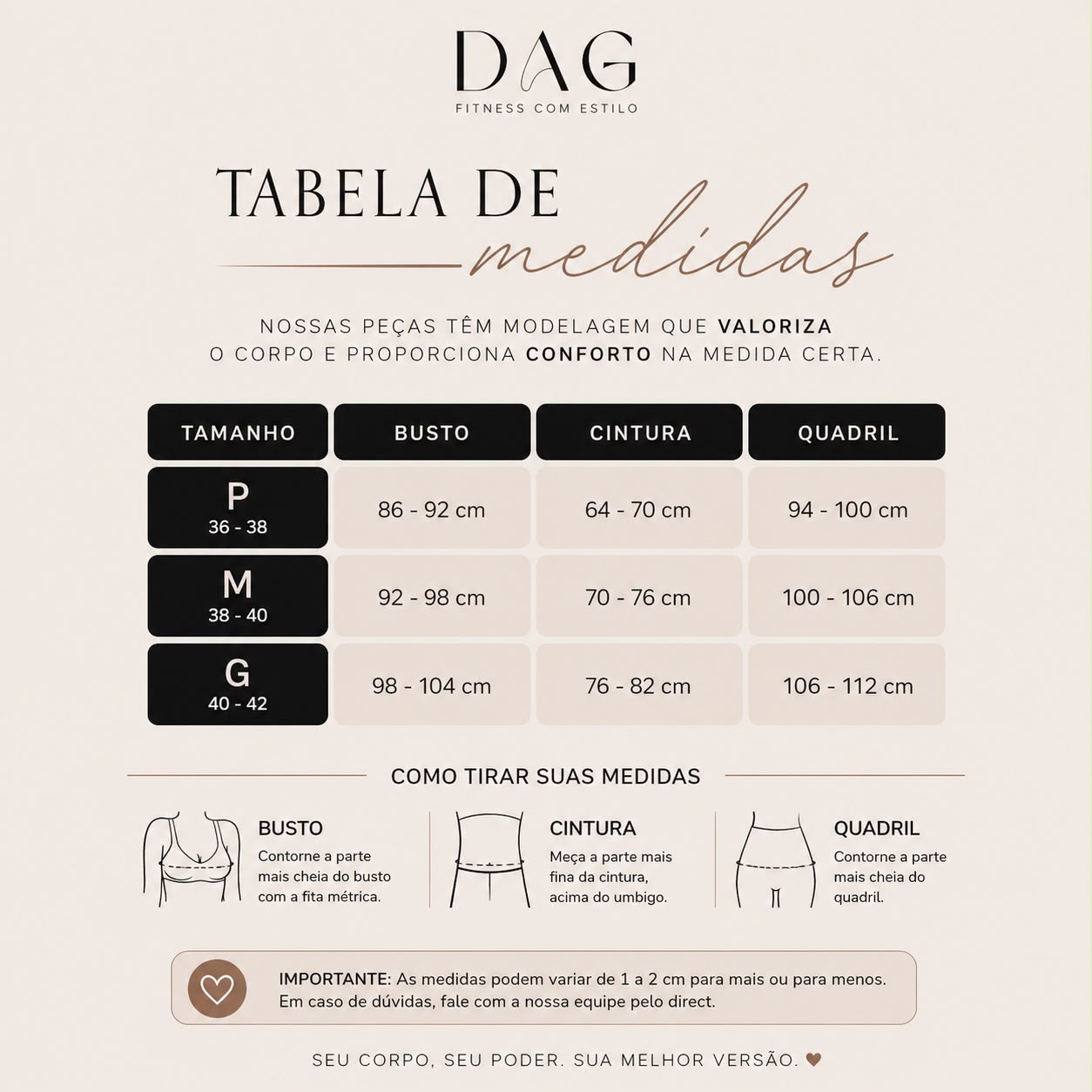 Tabela de medidas DAG Brasil