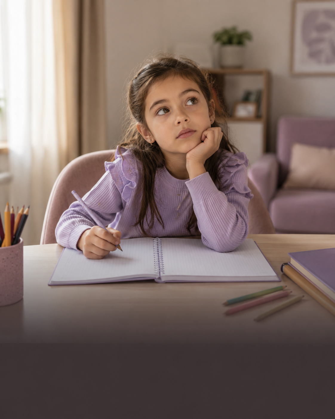 Niña distraída mientras realiza una tarea escolar
