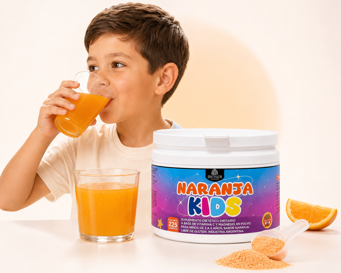 Niño tomando Naranja Kids junto al envase, vaso preparado y scoop