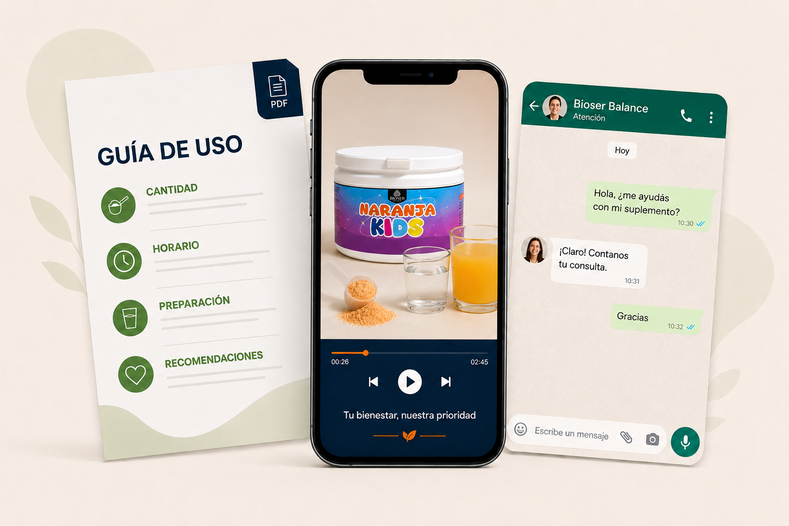 Guías de uso, videos explicativos y atención por WhatsApp de Bioser Balance