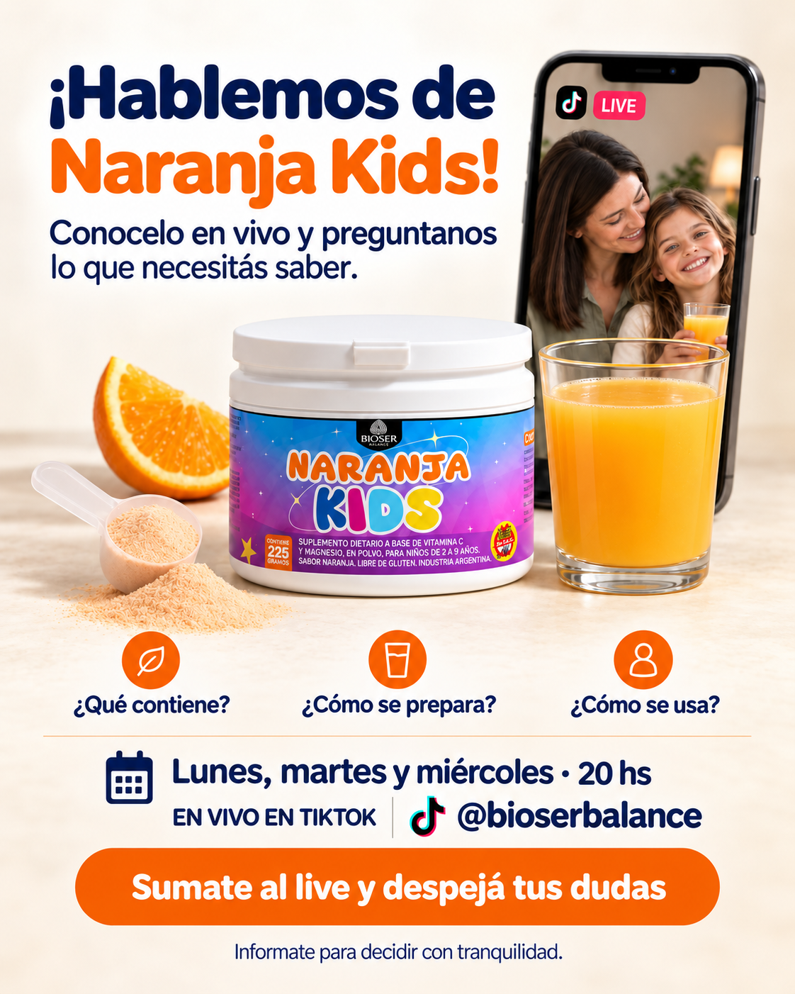 Invitación a los vivos de Naranja Kids en TikTok, de lunes a miércoles a las 20 horas