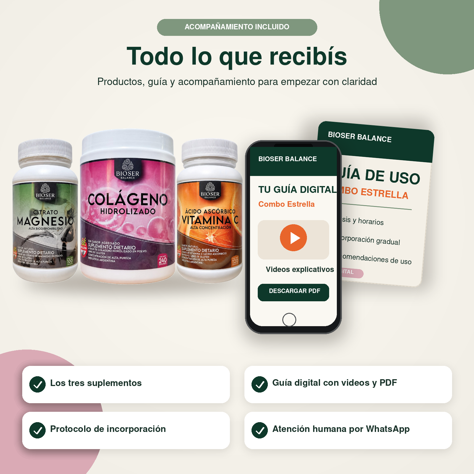 Todo lo que incluye el Combo Estrella: tres suplementos, guía digital, protocolo y atención por WhatsApp