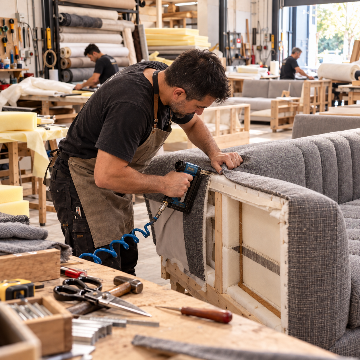 Tapicero trabajando en la fabricación de un sillón