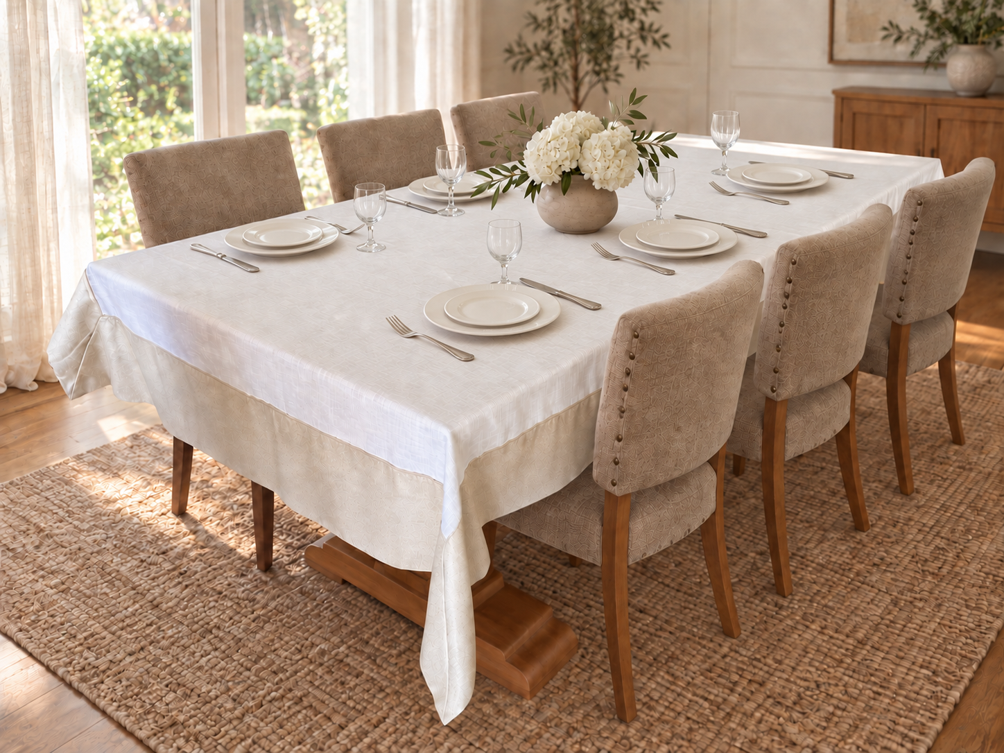 Mantel Liza blanco con borde champagne en una mesa preparada para recibir