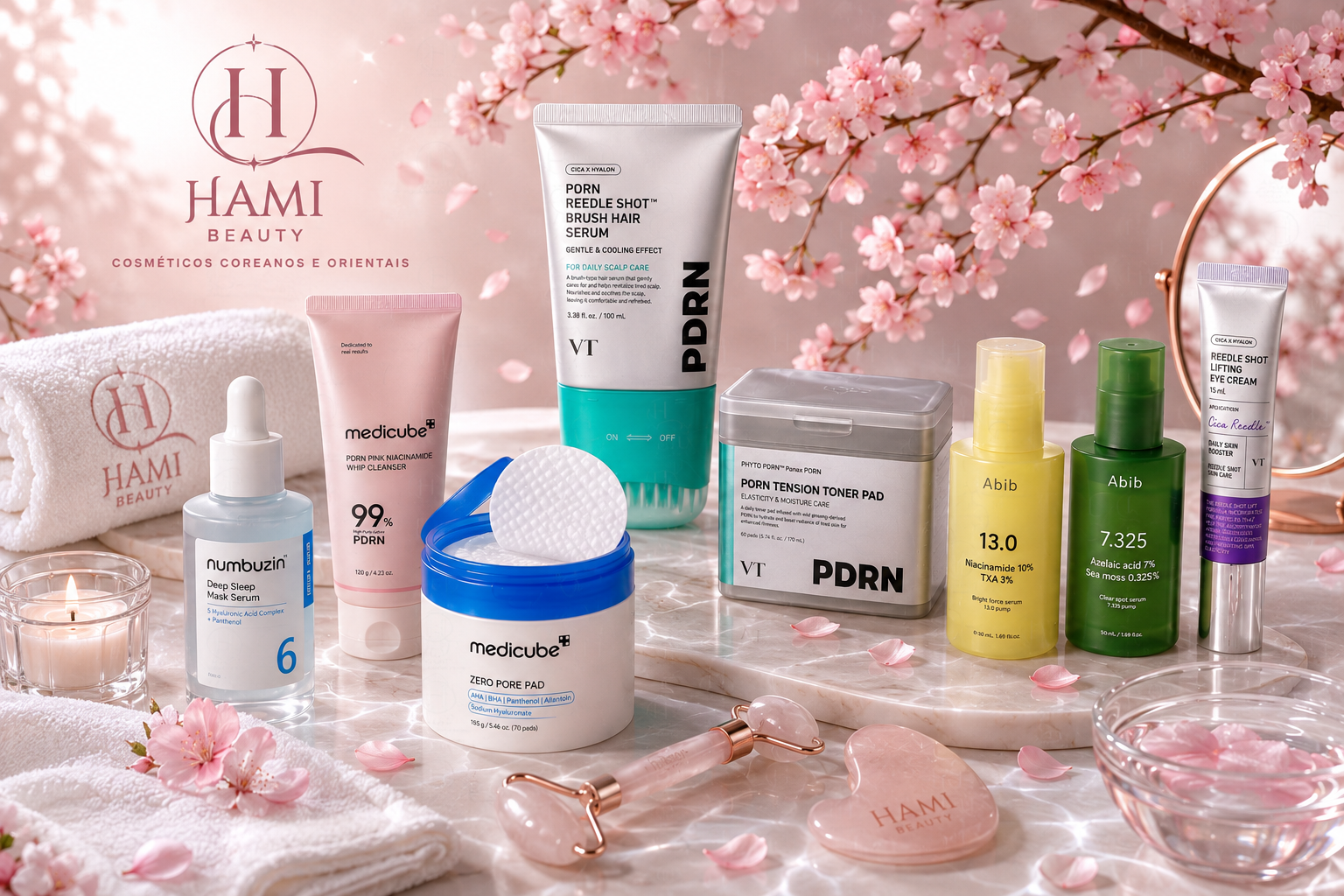 “Hami Beauty — cosméticos coreanos e orientais em um ambiente elegante inspirado no ritual de skincare.”