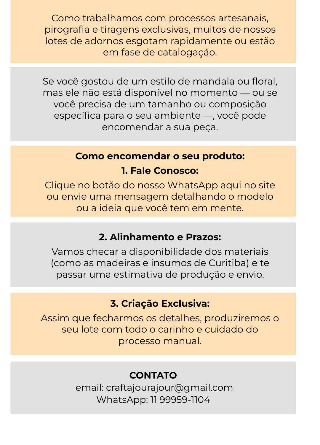 Infográfico descritivo da Craft Ajour explicando o processo para encomendas de peças personalizadas de decoração de parede. O texto informa que, por se tratar de um processo artesanal de pirografia e pintura manual com baixas tiragens, os lotes em MDF esgotam rapidamente. Orienta o cliente a entrar em contato diretamente pelo WhatsApp para verificar a disponibilidade de materiais, alinhar ideias de mandalas ou florais, escolher tamanhos sob medida e consultar os prazos de produção da criação exclusiva.