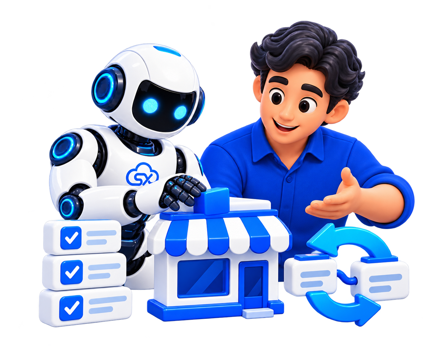 Especialista humano e agente de IA da Senext organizando um projeto de loja virtual.