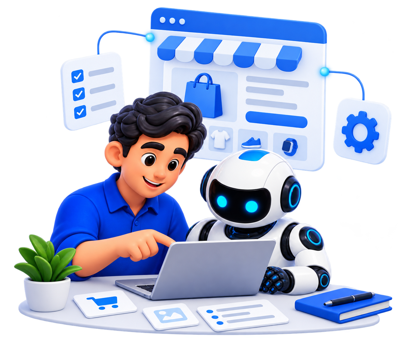 Especialista humano e robô oficial Senext colaborando no laptop com elementos de loja, checklist e revisão de projeto.