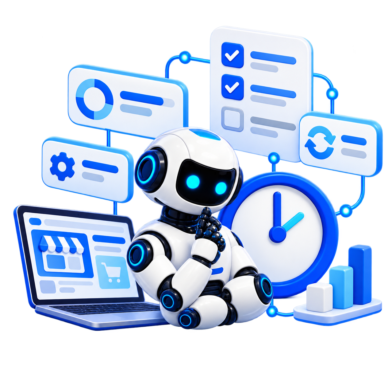 Robô oficial Senext com relógio, checklist, progresso e revisão de tarefas de projeto.