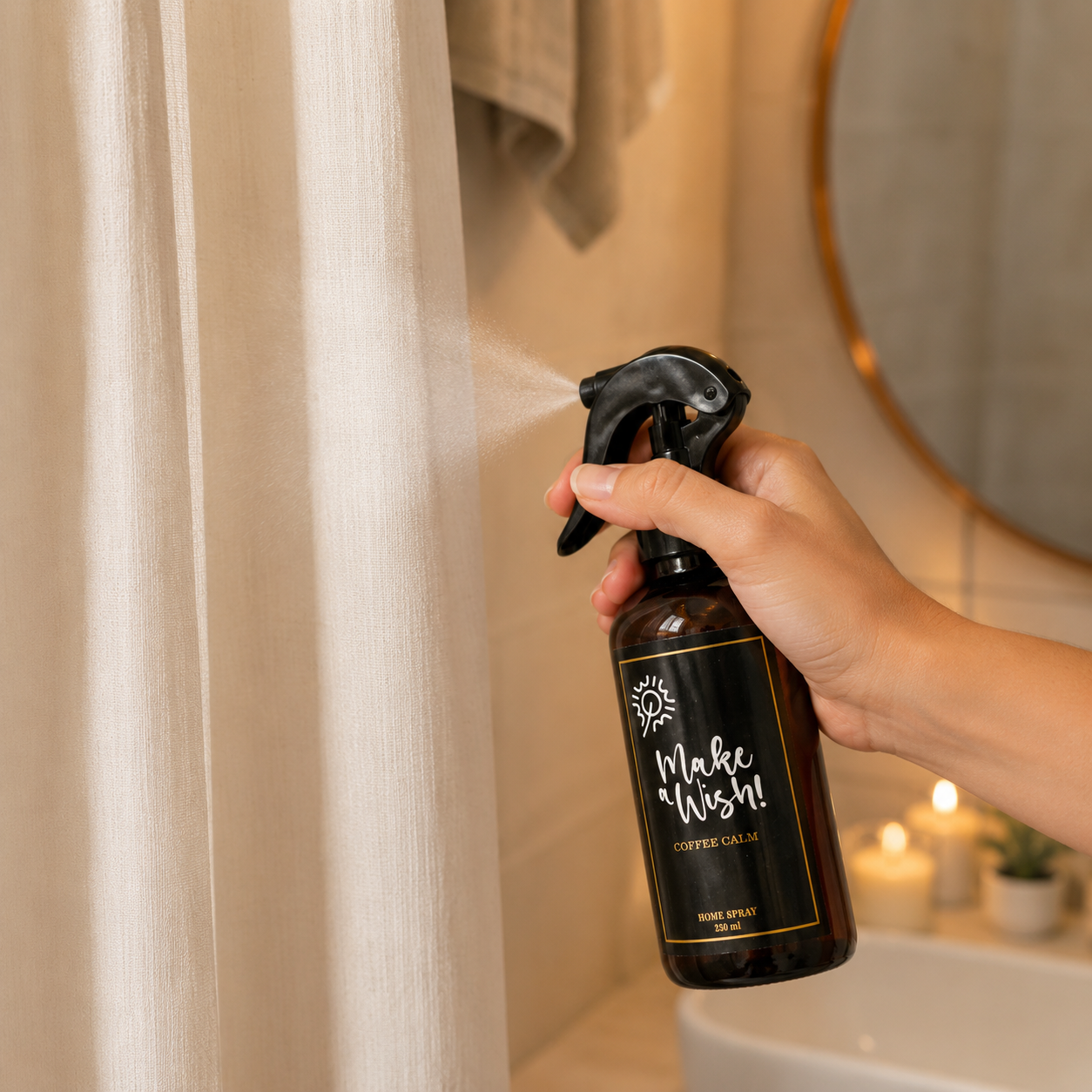 Home Spray Make a Wish perfumando las cortinas del ba&ntilde;o