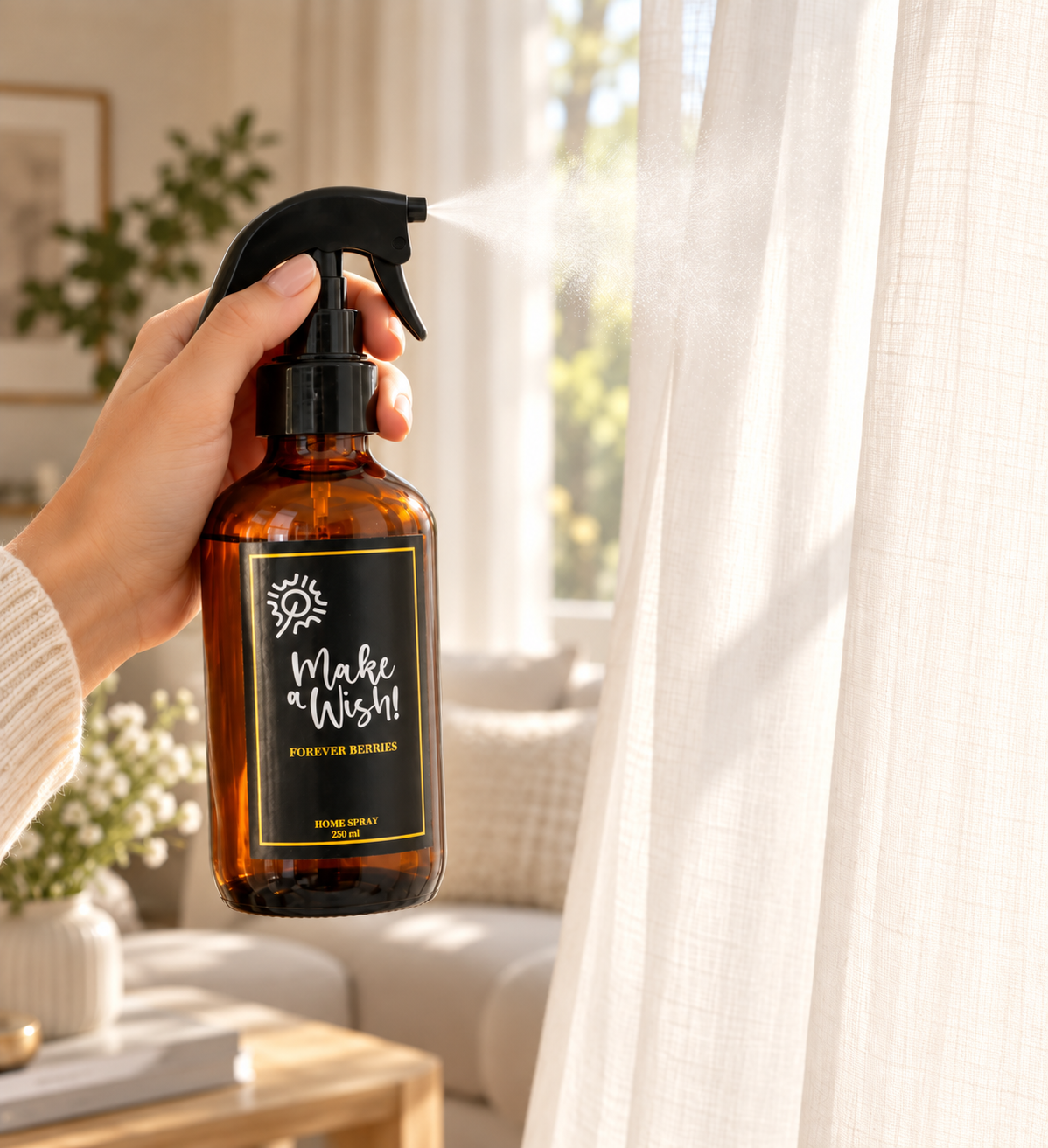 Rociar el Home Spray Make a Wish sobre una cortina