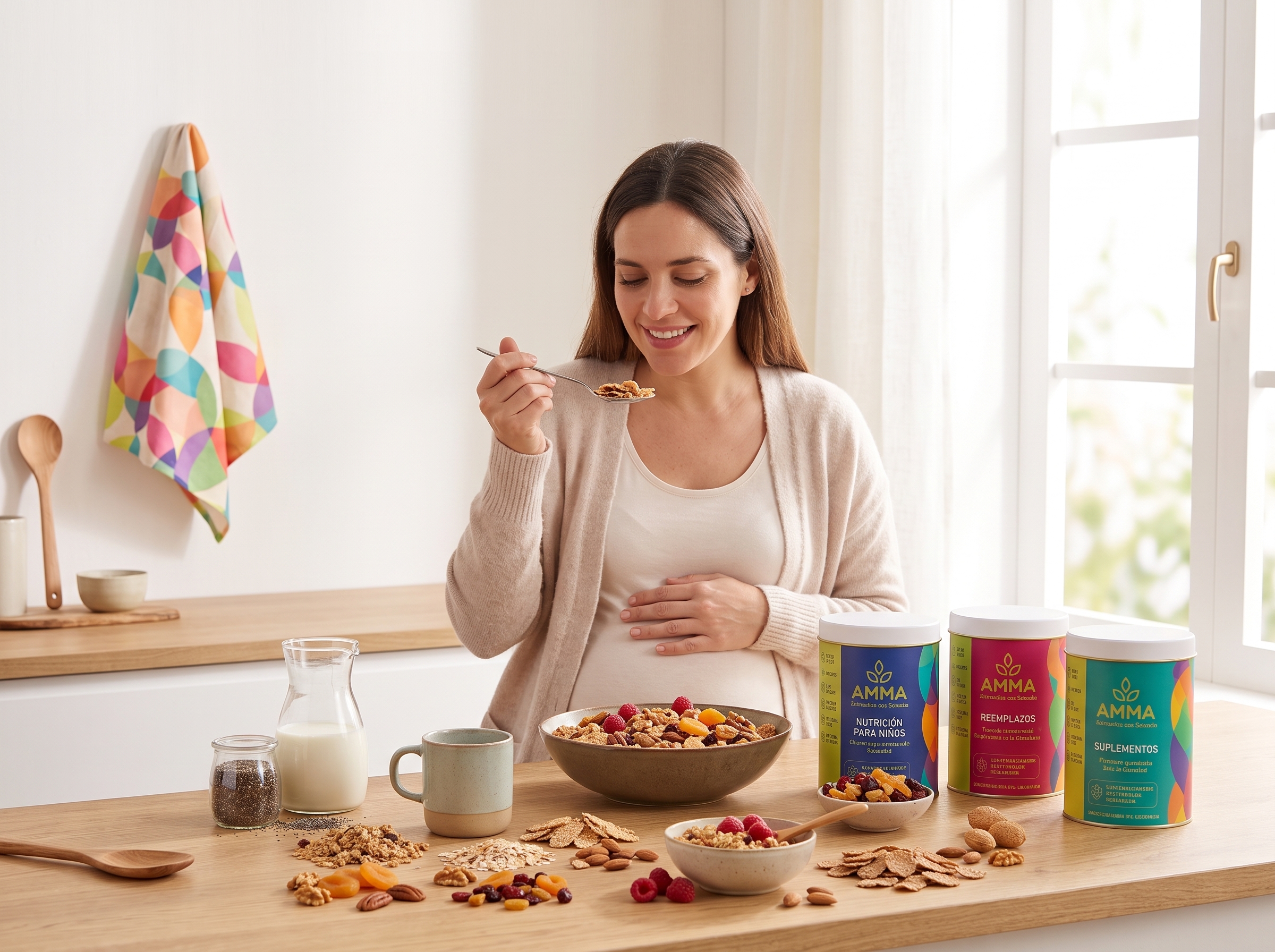 Mujer disfrutando un desayuno saludable con productos AMMA