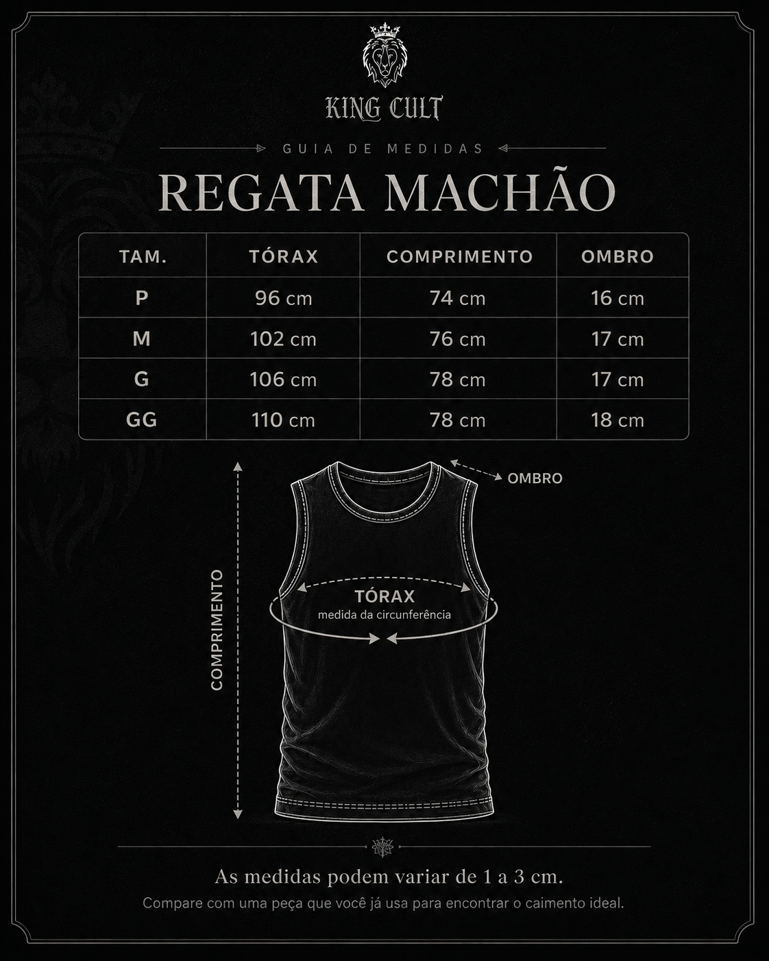 Guia de medidas KING CULT - Regata Machão