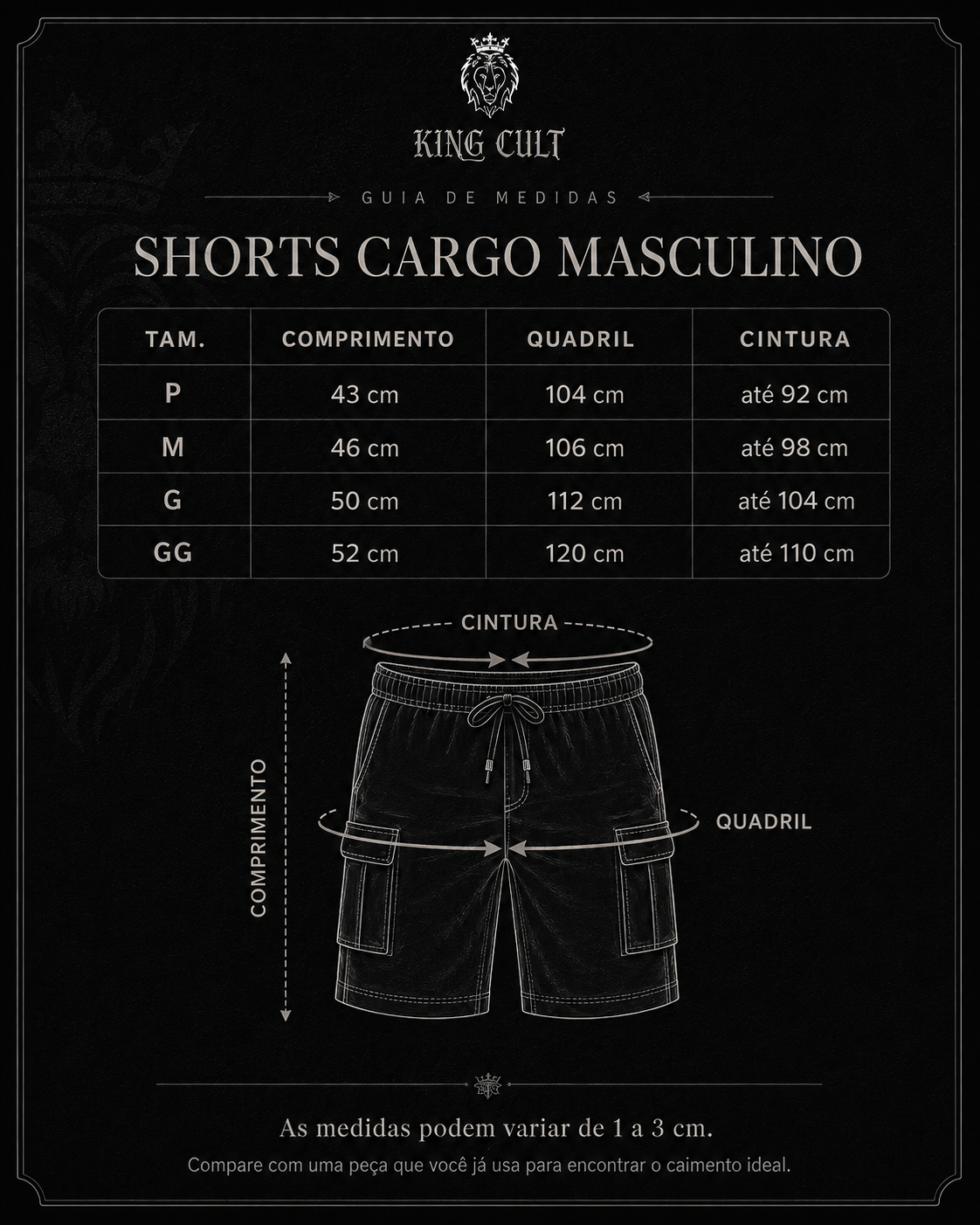Guia de medidas KING CULT - Shorts Cargo Masculino