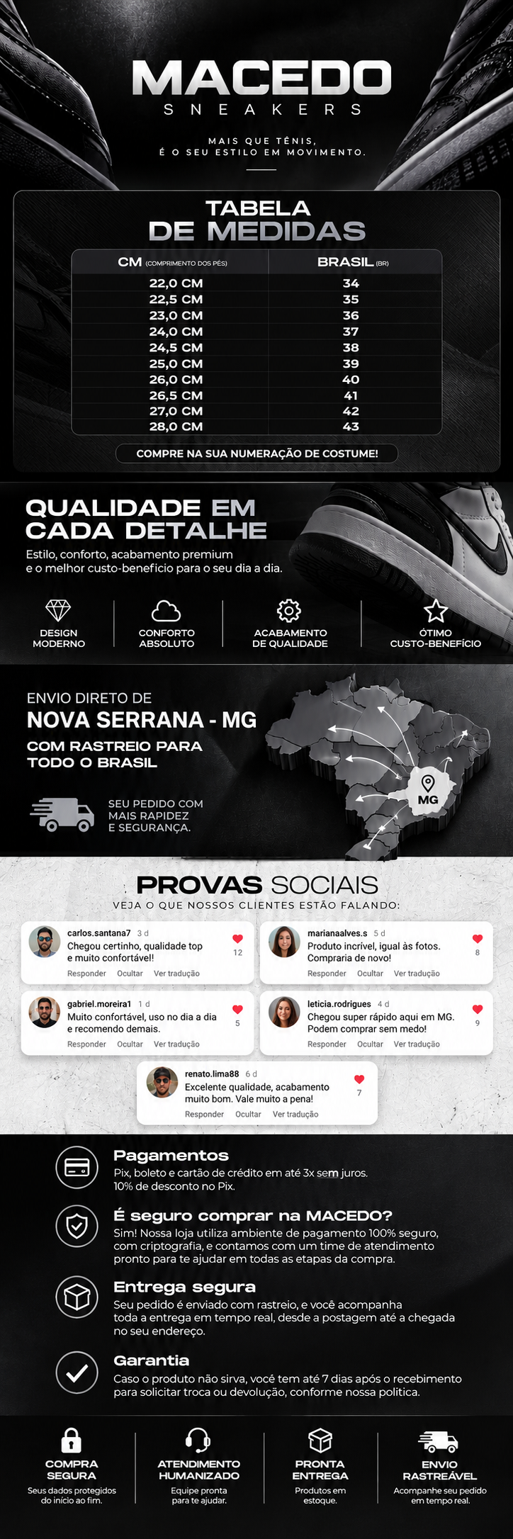 Macedo Sneakers - Guia de medidas, qualidade, entrega e compra segura