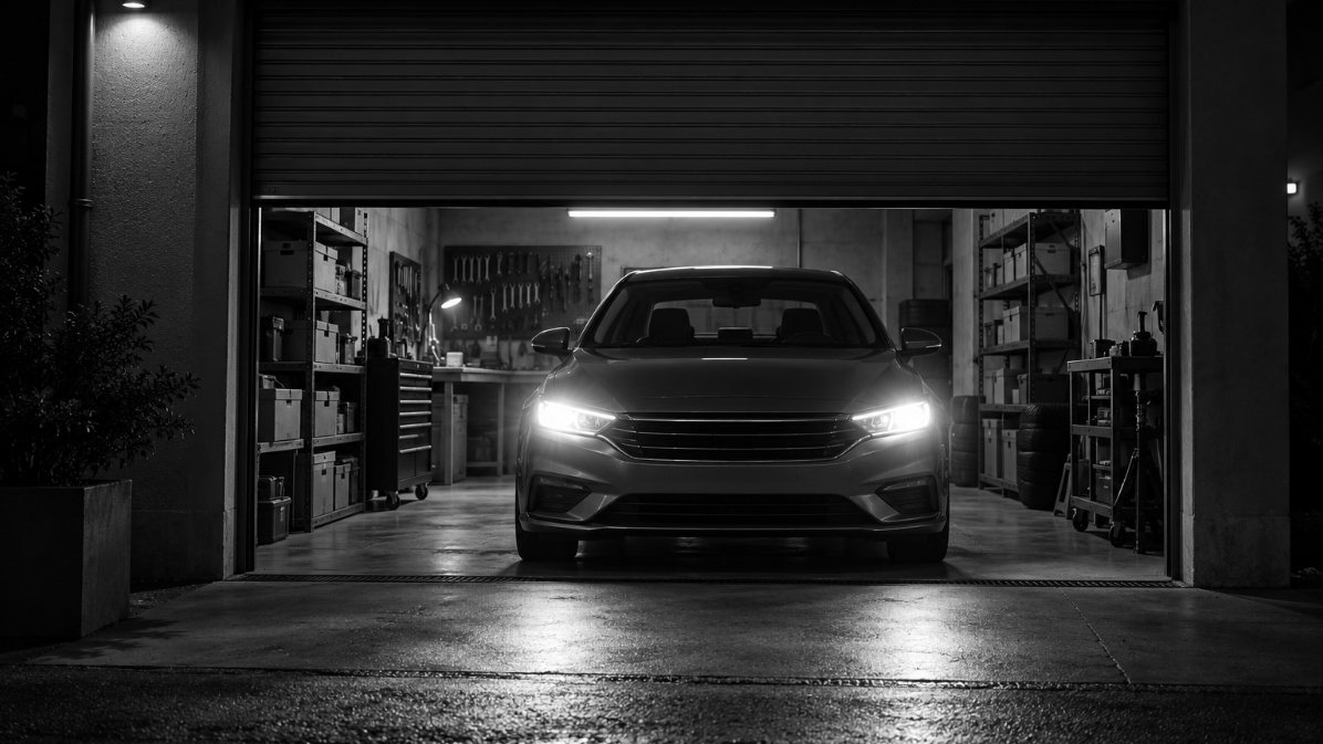 Oficina Zé LED à noite com carro de faróis LED acesos