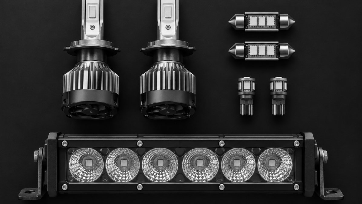 Lâmpadas LED de farol, mini LEDs e barra de LED off-road