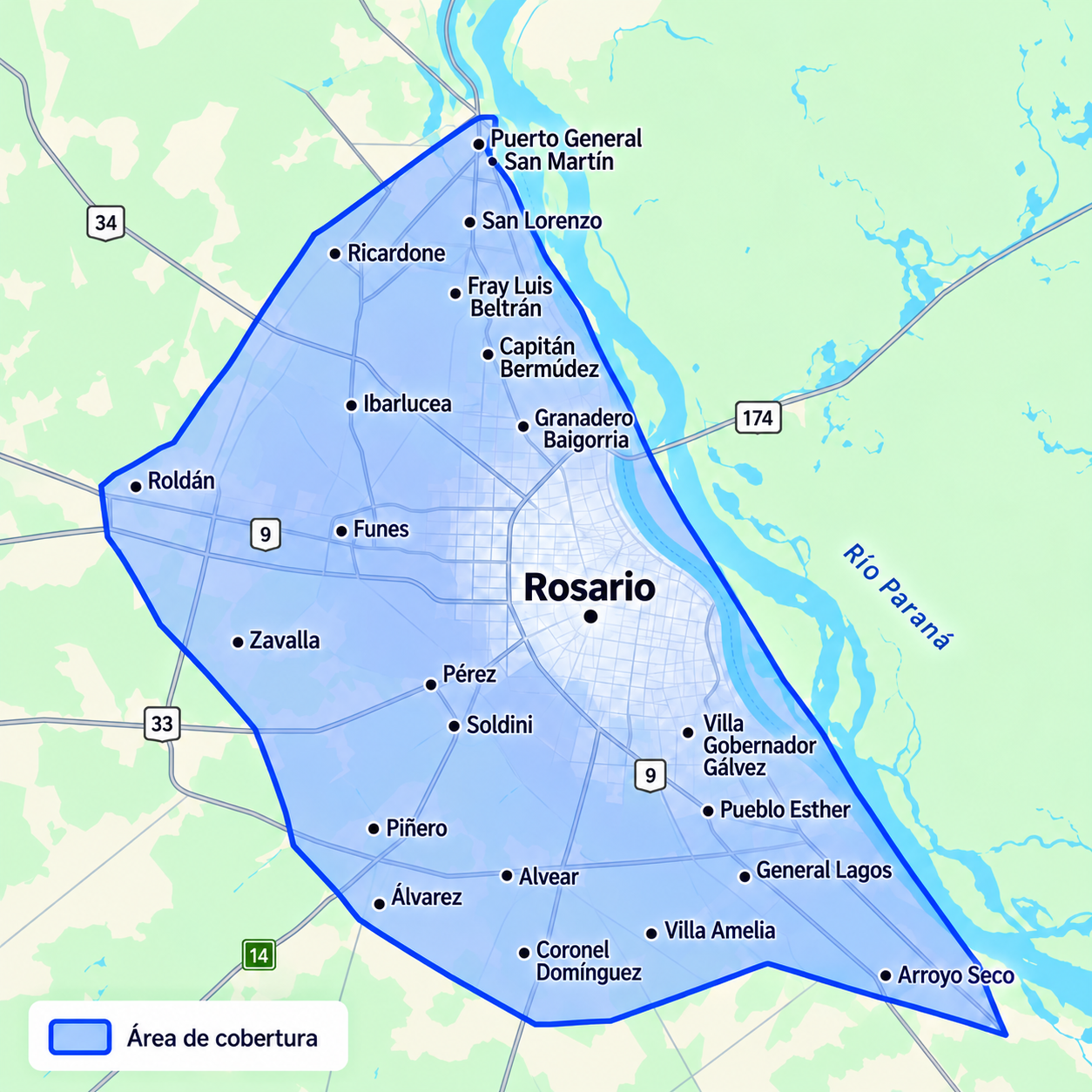 Mapa de la zona con Envío Express en Rosario y alrededores