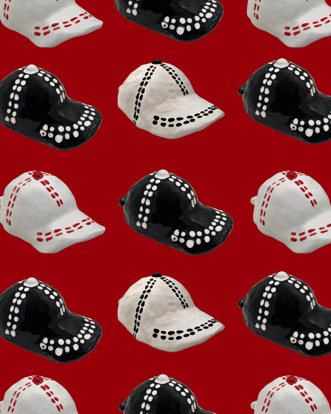Gráfica de gorras cerámicas Matías Alemán × Bowen sobre fondo rojo