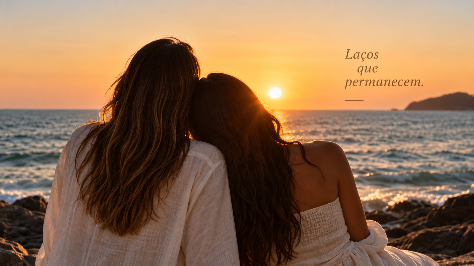 Duas irmãs diante do mar ao pôr do sol — Laços que permanecem.