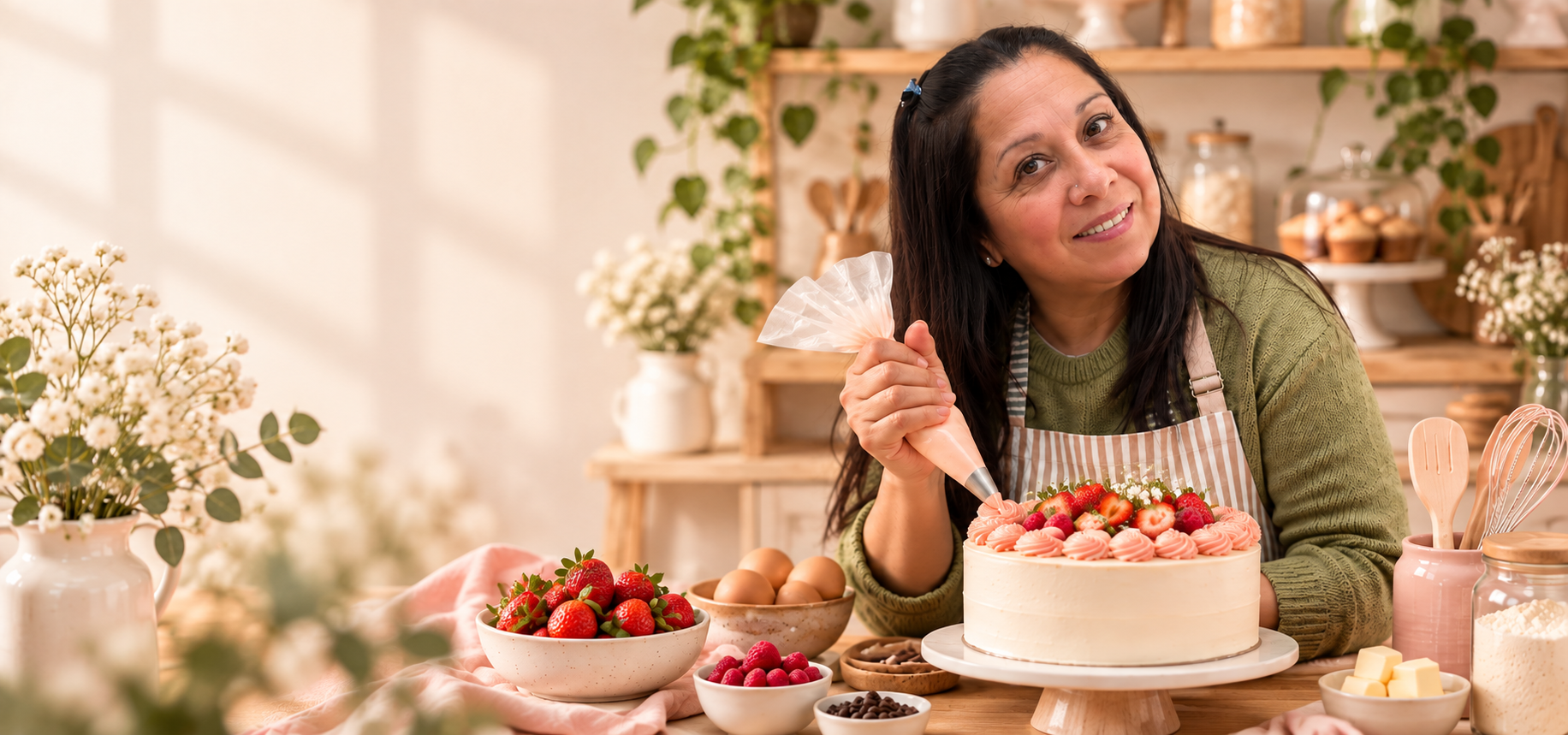 Sonia Rodríguez, pastelera y docente de Amaranto, decorando una torta