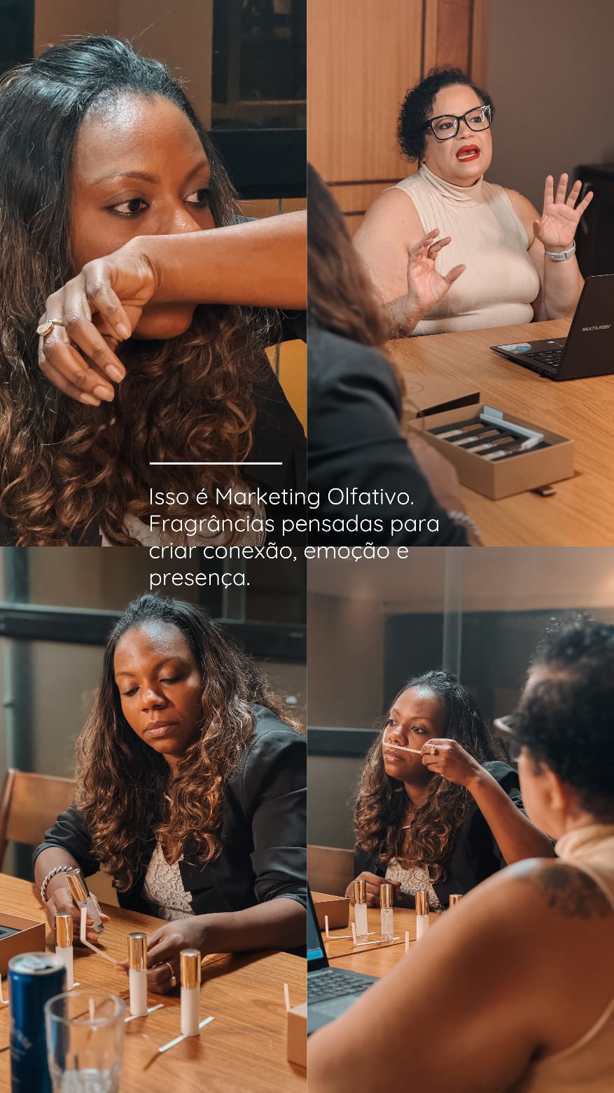 Carla Gentil, da Maison Olfactive L'Ouvore, apresentando frascos de fragrância em uma reunião de negócio