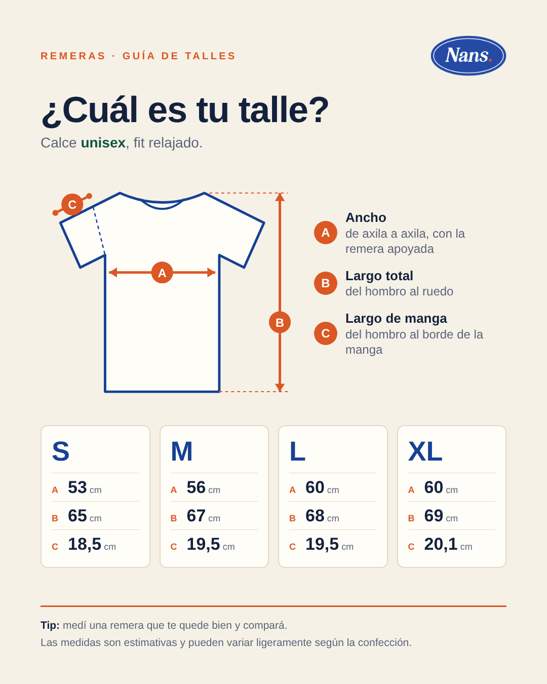 Medidas de la remera Nans por talle