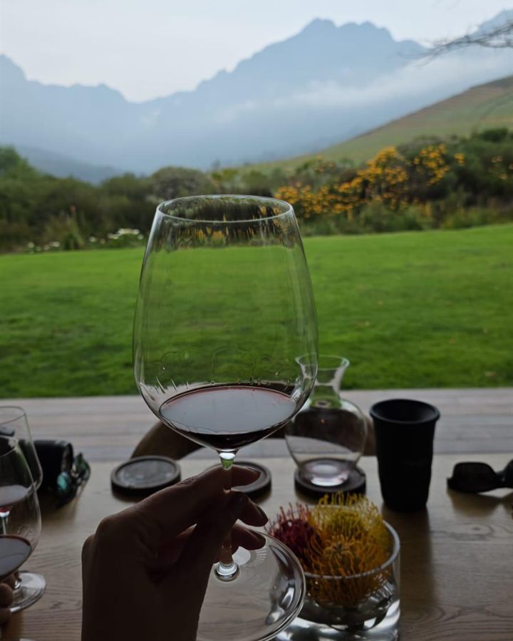 Copa de vino frente a las montañas en el tercer tiempo