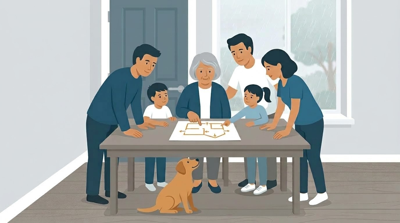 Familia revisando su plan de emergencia