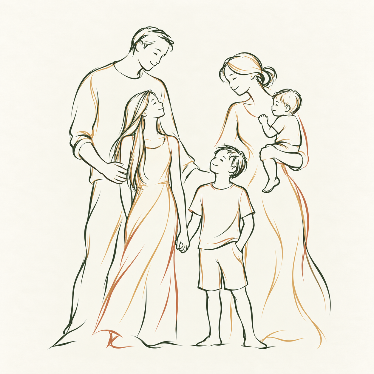 Ilustração simbólica da família: dois adultos, uma adolescente de cabelos longos, um menino e um pequeno no colo, com expressões suavemente felizes.