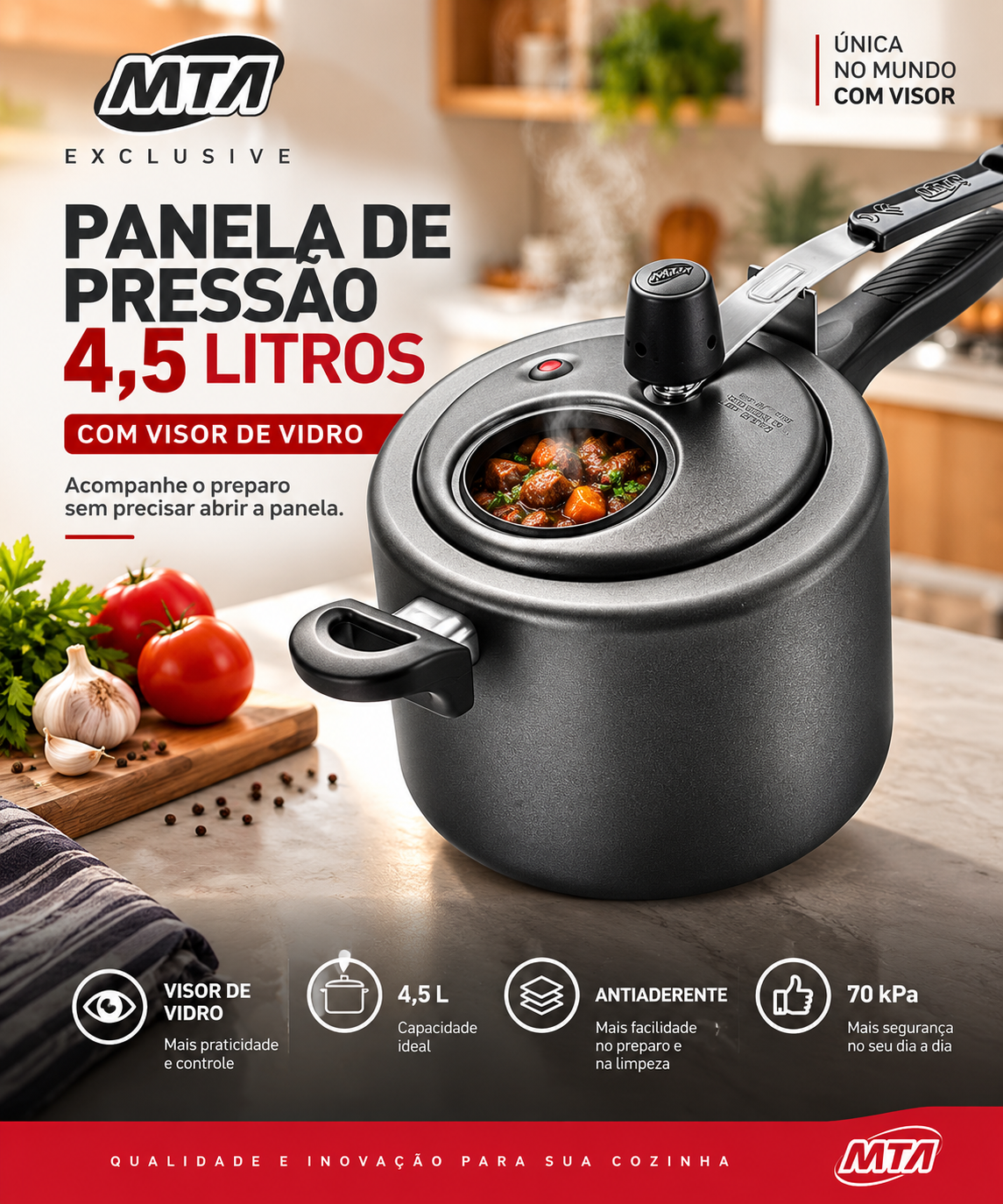 Panela de Press&atilde;o MTA Exclusive 4,5 Litros com Visor de Vidro