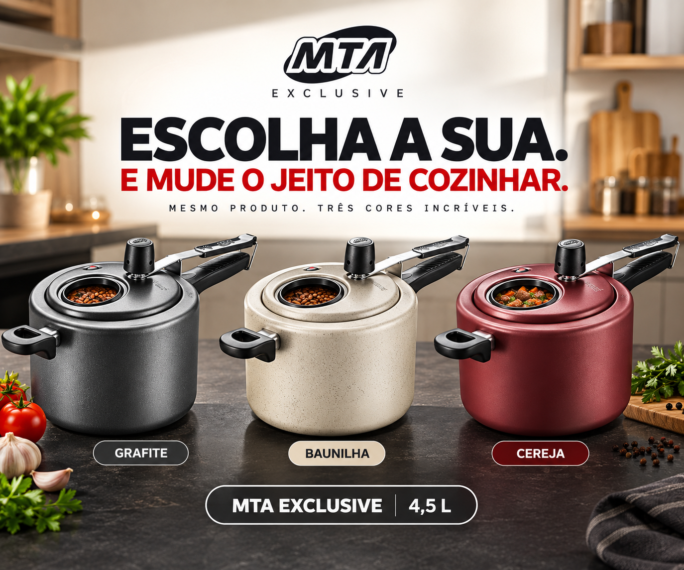 Panela MTA Exclusive nas cores Grafite, Baunilha e Cereja