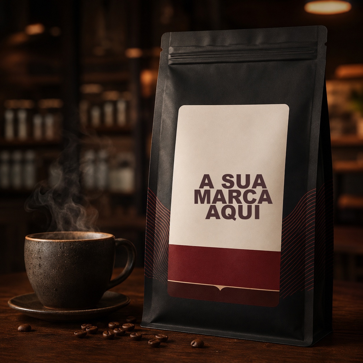 Embalagem de café personalizada ao lado de uma xícara de café