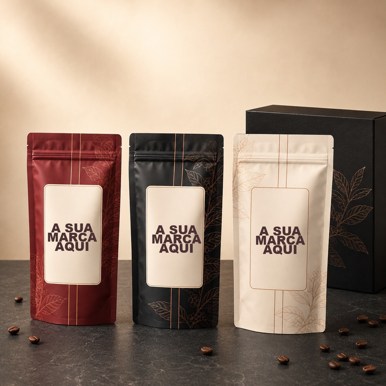 Três opções de embalagens personalizadas de café nas cores bordô, preta e clara