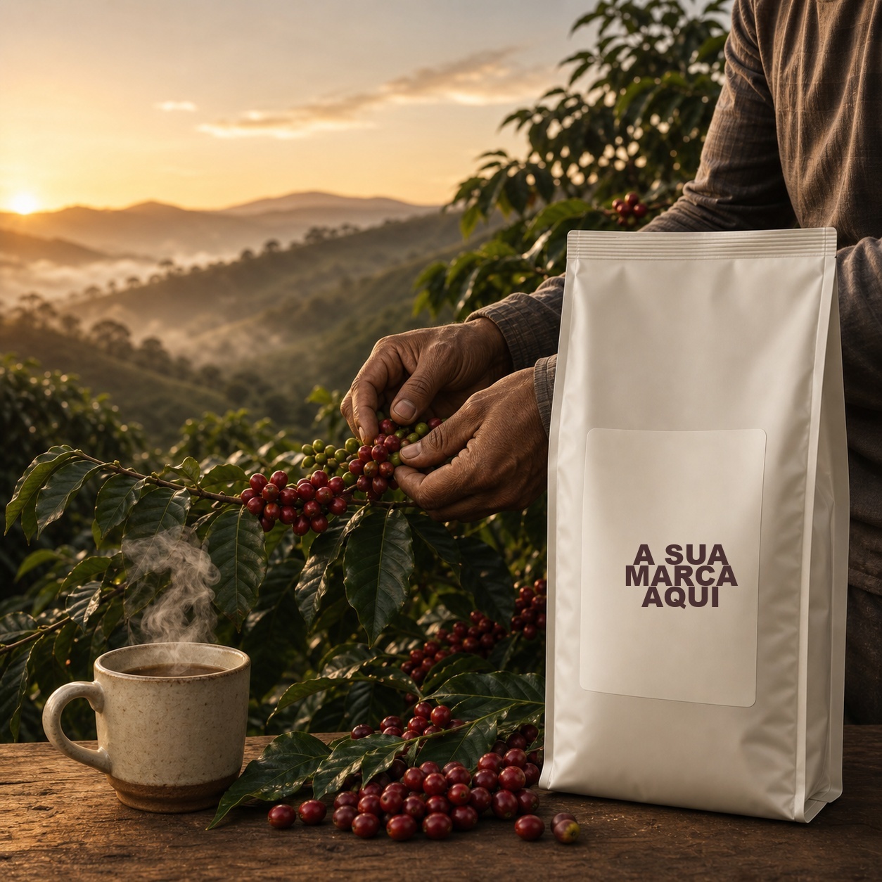 Café sendo colhido no Sul de Minas com embalagem pronta para personalização
