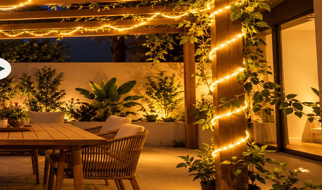 Ilustraci&oacute;n de patio con iluminaci&oacute;n c&aacute;lida
