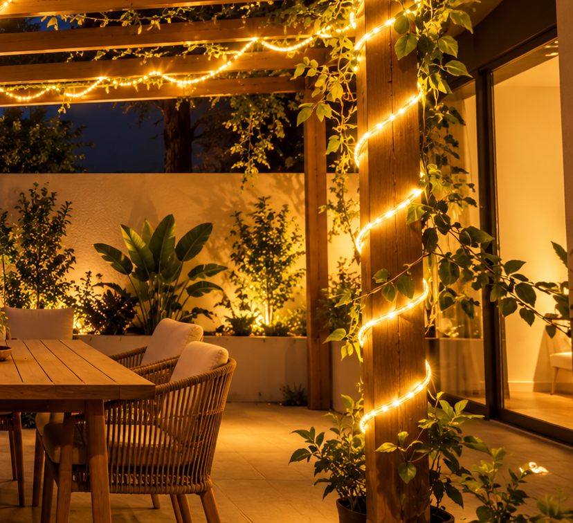 Ilustraci&oacute;n de un patio con iluminaci&oacute;n c&aacute;lida decorativa