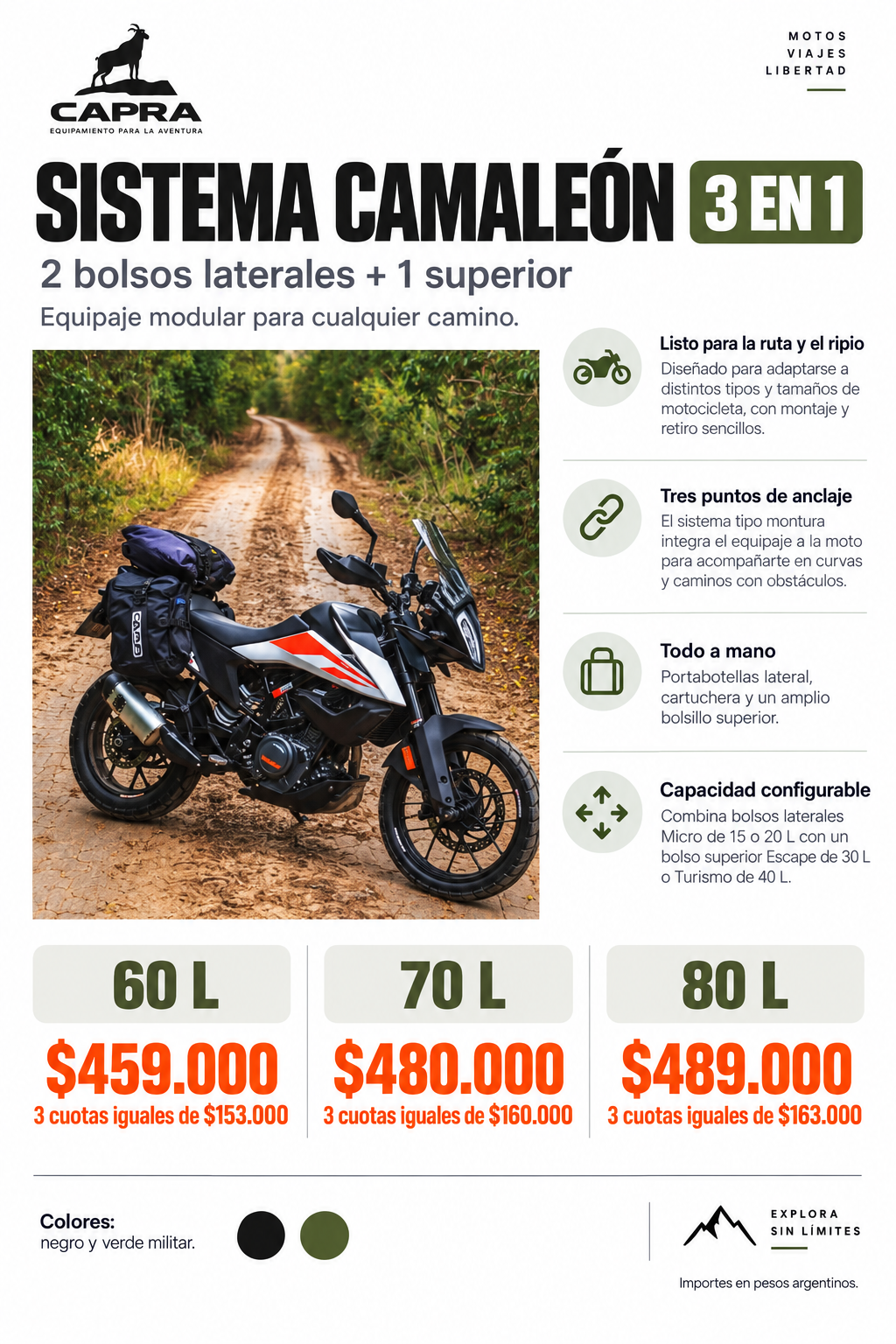 Sistema Camaleón Capra: 60 L $459.000, 70 L $480.000 y 80 L $489.000